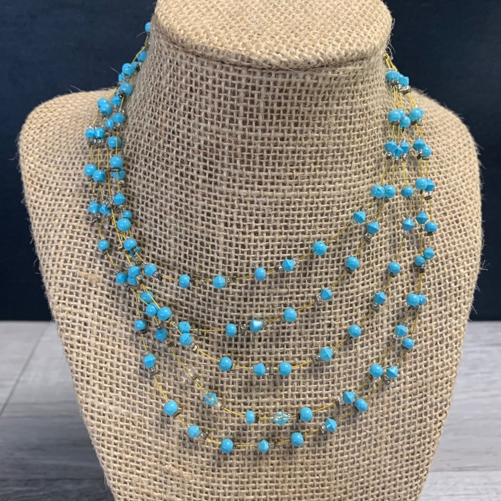 Bohemian Multi Strand Turquoise Bead Layered Necklace Gold Tone 12in 4602